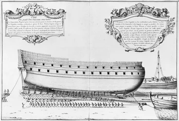 Perfil de un barco preparándose para el lanzamiento, ilustración del 